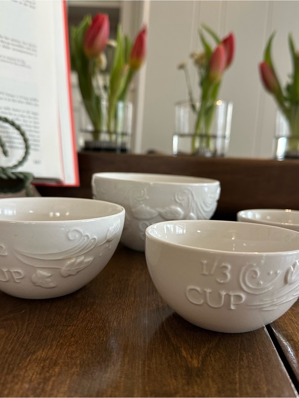 White Embossed Ceramic Measuring Cups - 1/3 Cup Visible